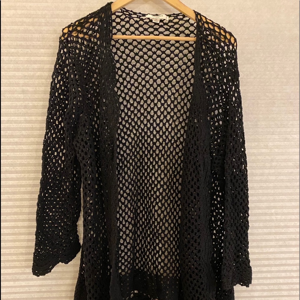 Black crocheted open front cardigan
